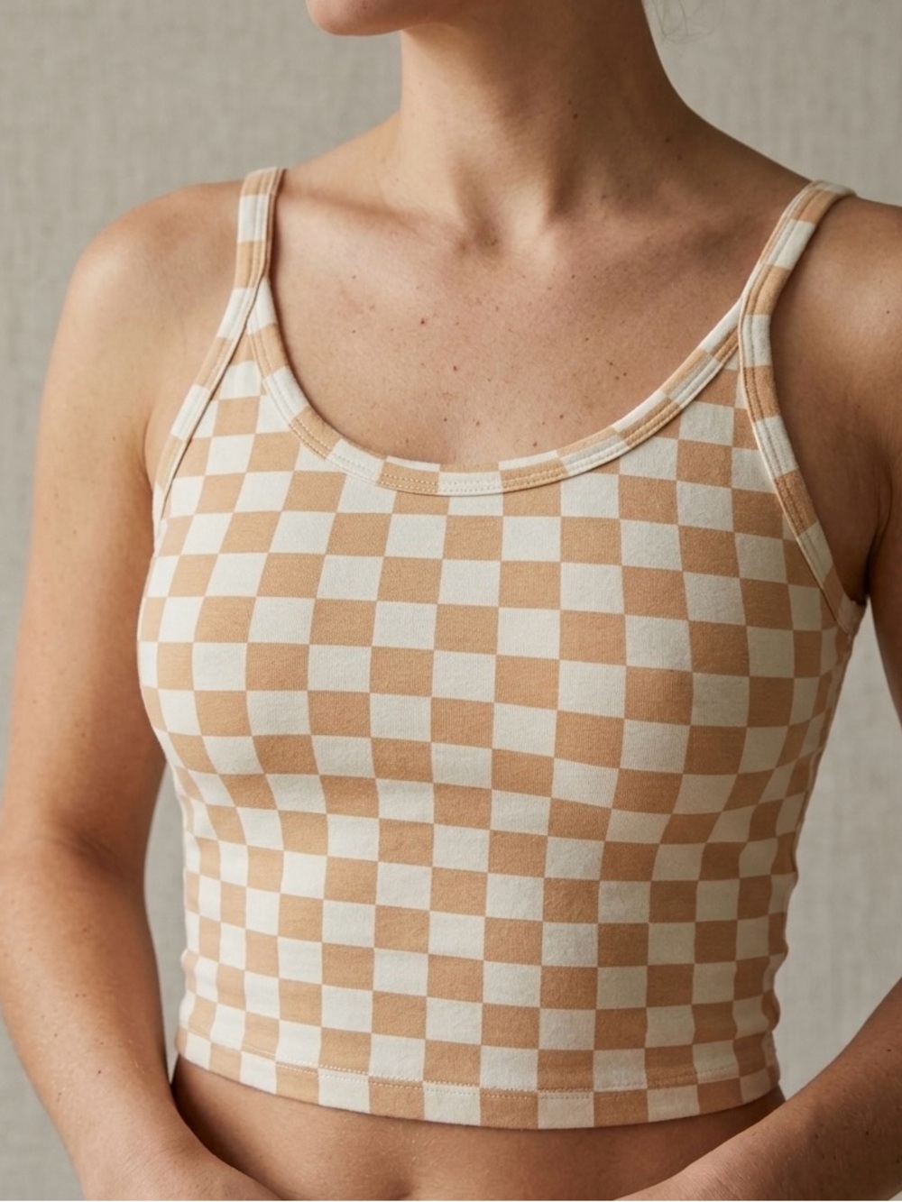 🤍 ARQ “Checkerboard” Beige & Cream  Crop Tank Top Size MD